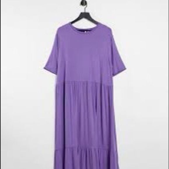 ASOS tiered smock t-shirt midi maxi cotton boho dress purple ash short sleeve -6 - Picture 4 of 16